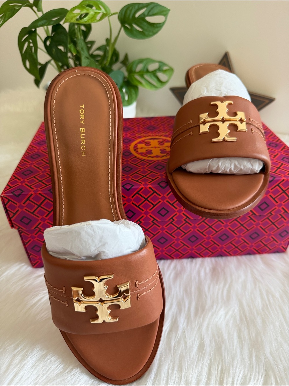 Tory Burch Tan Leather Slide Sandals with Gold Logo